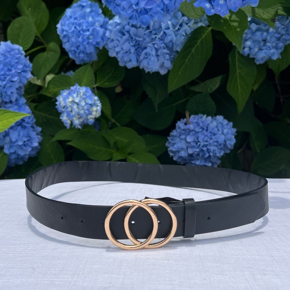 Women’s Black Double O Hoop Black And Gold Belt - Picture 1 of 3